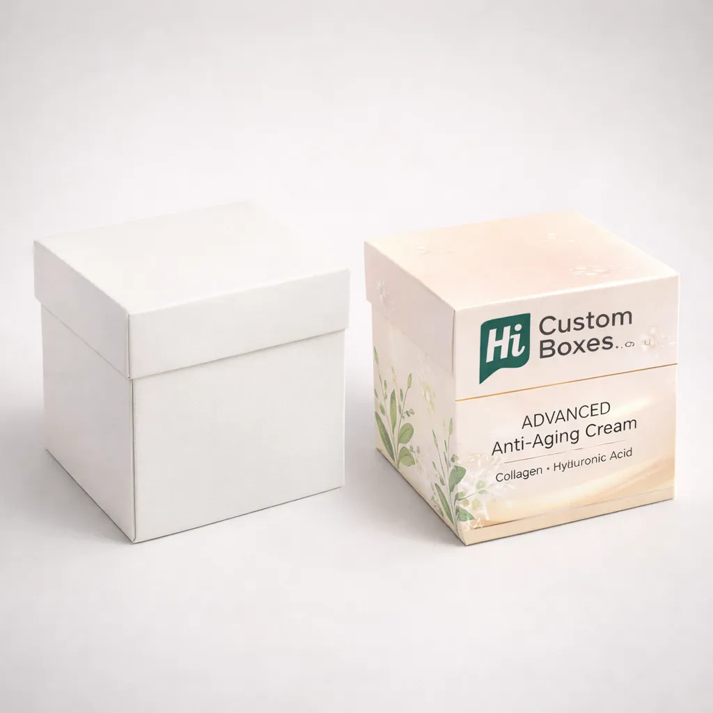 Two square lidded boxes, one solid white and one with peach tones and botanical illustrations. class=
